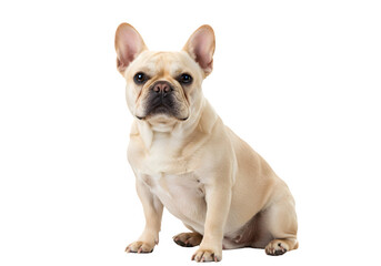 Fototapeta premium Cream colored French Bulldog sitting in relaxed pose with wrinkled face, isolated on white or transparent background. PNG