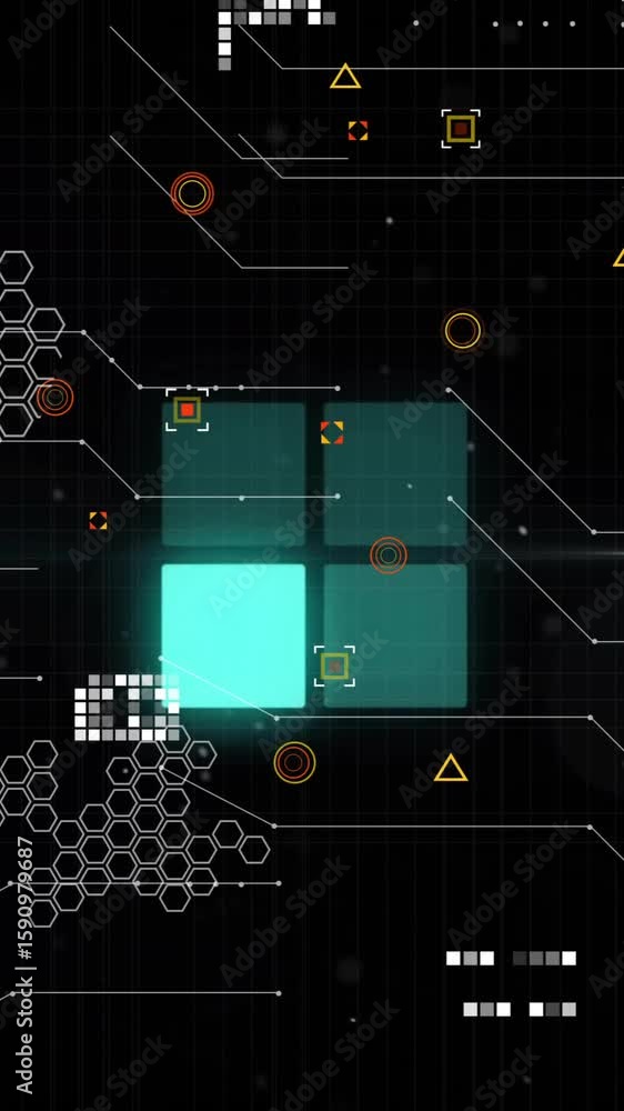 Poster digital data processing animation with geometric shapes and network connections