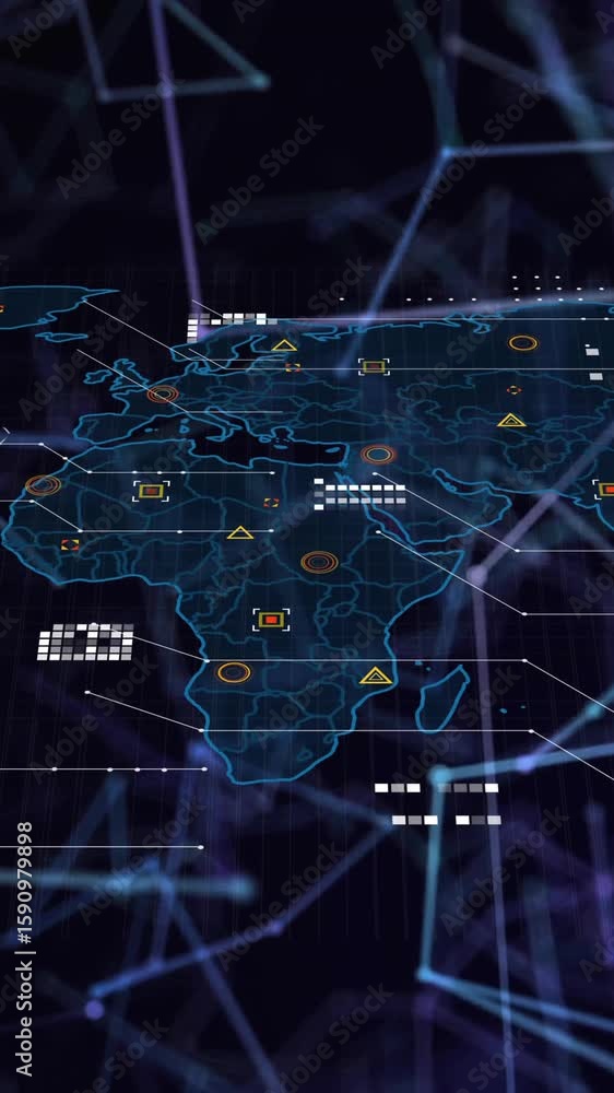 Poster global network connections and data processing animation over world map