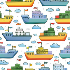 Obraz premium Cargo ship Vector Illustration with Seamless Pattern Design
