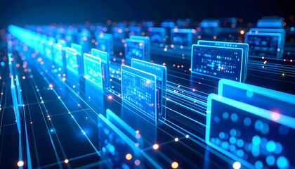 Abstract Digital Data Stream Glowing Blue Network Files