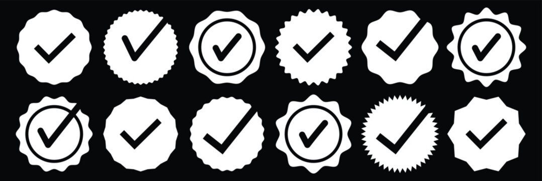 checkmark tick verified badge icon vector, social media verified profile symbol, trust emblem for official  Verified badges in different shapes. verified check mark icon set. EPS 10