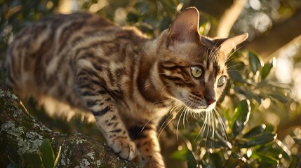 Elegant Bengal Cat Climbing a Tree – Exploring Nature with a Majestic Feline