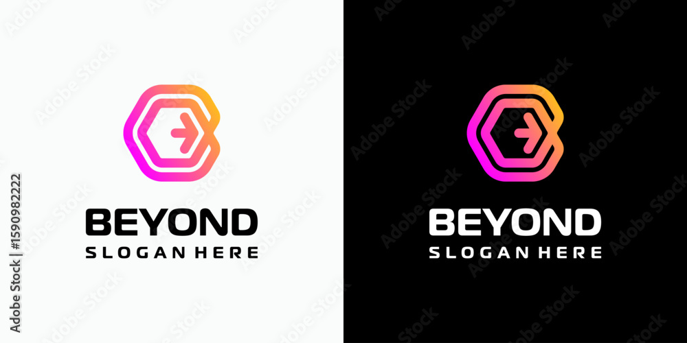Poster vector logo design of the initial letter b in a hexagonal shape with arrows in a modern, simple, cle