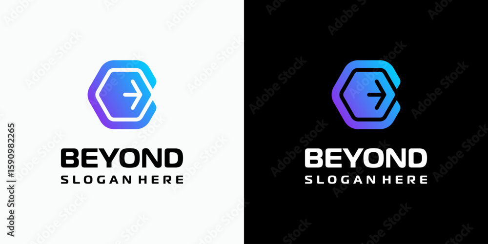 Poster vector logo design of the initial letter b in a hexagonal shape with arrows in a modern, simple, cle
