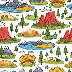 Obraz premium Yellowstone National Park, Wyoming, USA Vector Illustration with Seamless Pattern Design