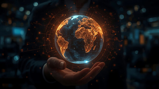 A futuristic holographic globe with illuminated continents, network lines, and vibrant lights, creating a high-tech, sci-fi atmosphere with realistic lighting and reflections. - Powered by Adobe