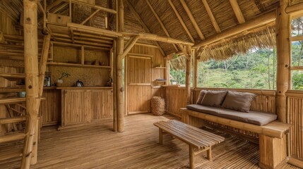 Interior of a cozy bamboo dwelling showcasing sustainable design.