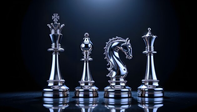Elegant Silver Chess Pieces on Glossy Dark Background &ndash; Queen, Bishop, Knight, Rook