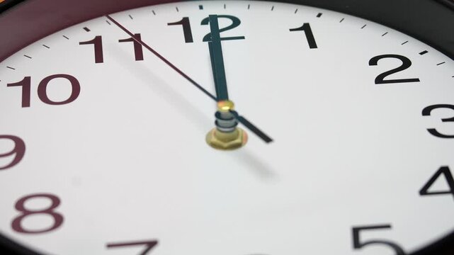 4K footage Close-up view clock showing exactly midnight with the hour and minute hands both pointing at twelve, Symbolizing endings and new beginnings.
