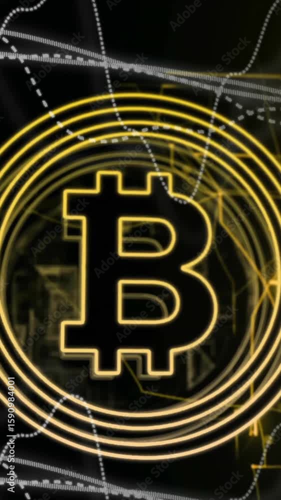 Poster bitcoin symbol with circular lines and data processing animation on dark background