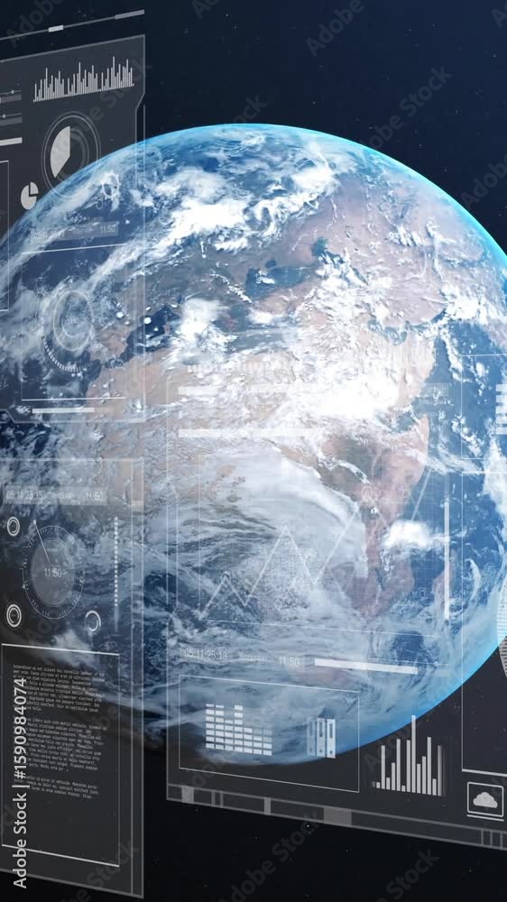 Poster rotating earth with data charts and graphs animation on digital interface background