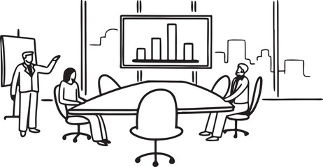 Here's an illustration of an empty business meeting room with a conference table, chairs, and office furniture