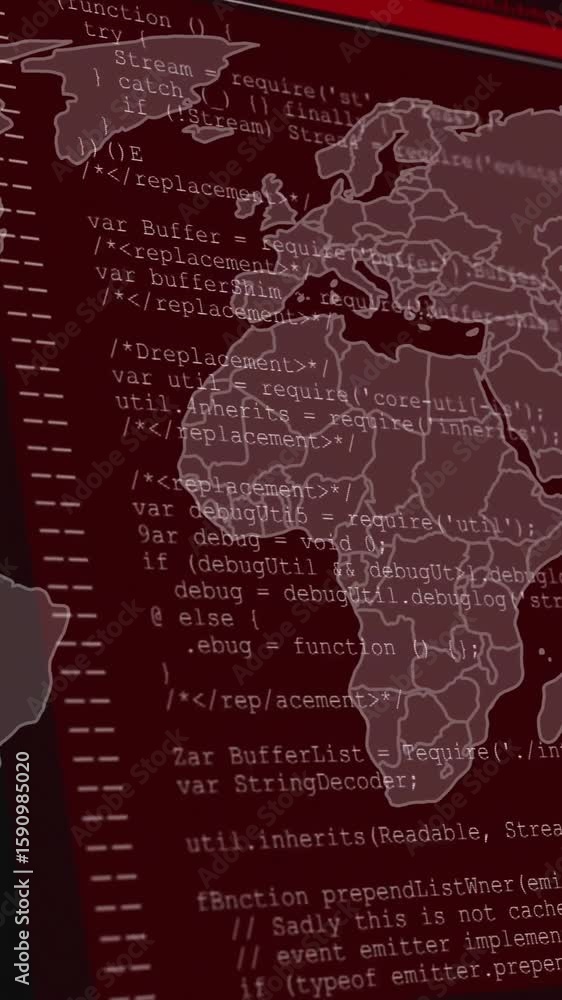 Poster world map and programming code, cybersecurity animation