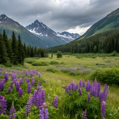 Close-up of purple lupine flowers in a rocky alpine valley with snow-capped mountains in the background.