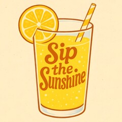 A glass of lemonade with the words sip the sunshine evokes a feeling of summer