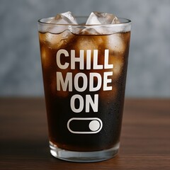A glass of iced cola with the words chill mode on invites relaxation and refreshment