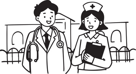 Cartoon vector illustration of a doctor and child patient with loving mother