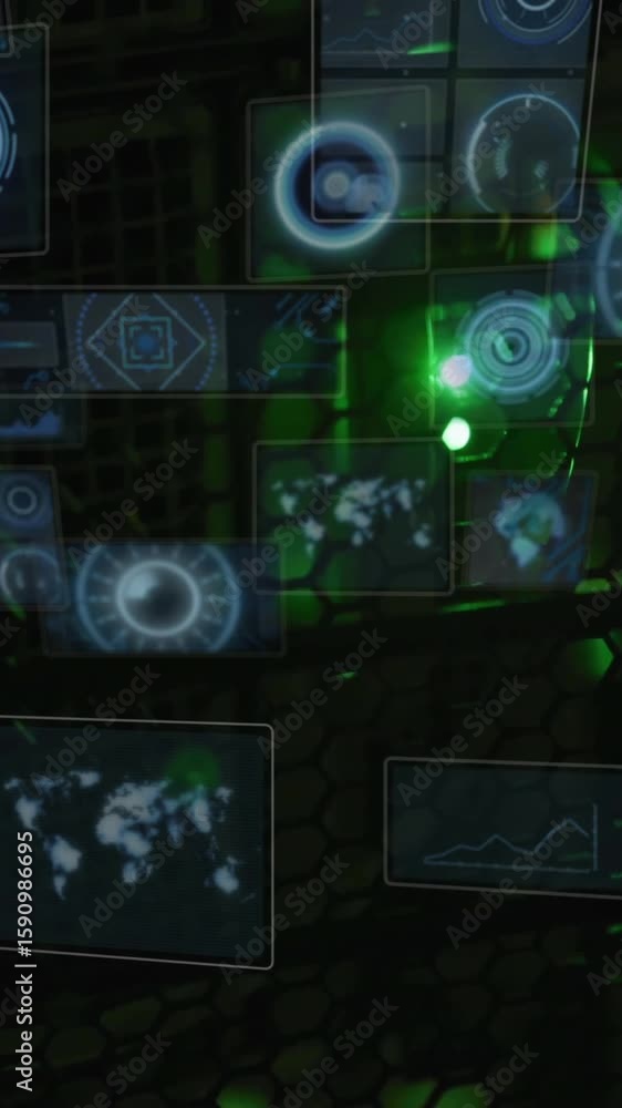 Poster holographic data analysis and global connectivity animation over dark technological background