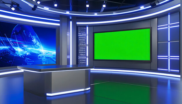 Modern Television Studio News Set with Green Screen and Blue Lighting