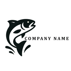 Minimalist black and white logo of a jumping fish with dynamic water splash elements, designed in a clean and modern vector style.