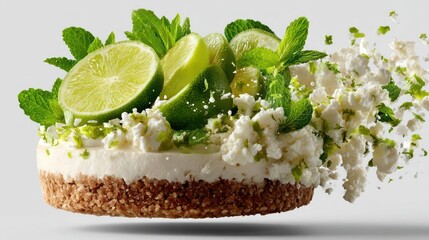 Lime cheesecake with mint and coconut flakes.