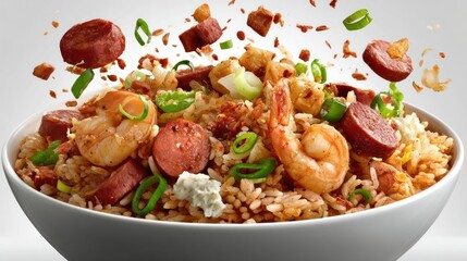 Shrimp and andouille rice bowl with green onions and spices.