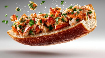 Delicious lobster roll with fresh herbs and flaky texture.