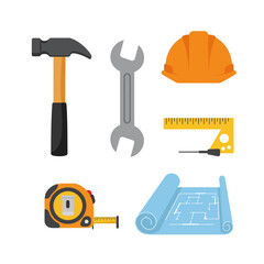 A collection of essential construction and DIY tools including a hammer, wrench, hard hat, tape measure, and blueprint, depicted in a clean vector illustration.