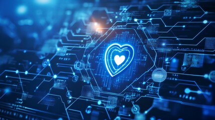 Digital Heartbeat: A glowing heart symbol at the core of a complex digital circuit board, representing the intersection of technology and human connection.