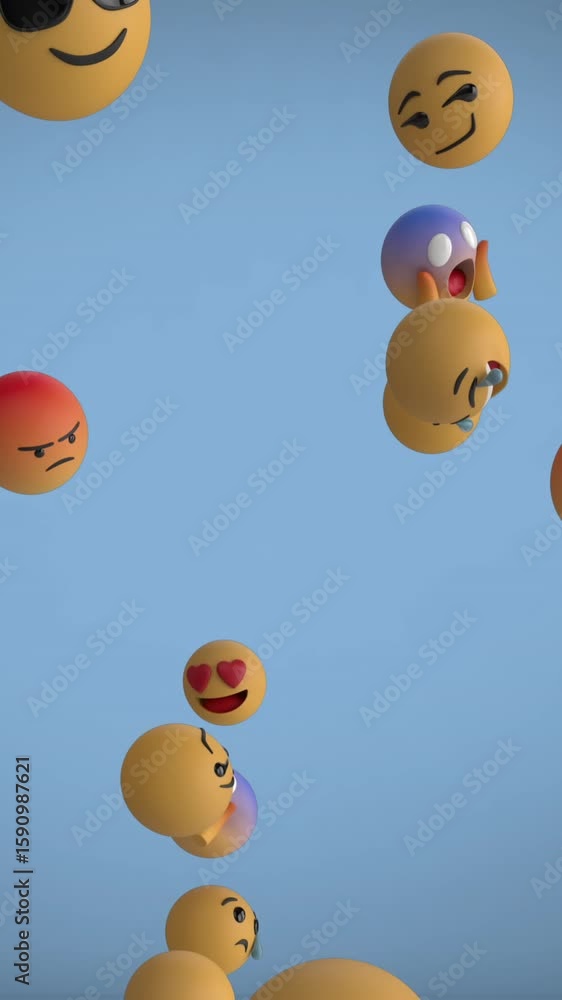 Poster animation of emoji icons and data processing over blue background