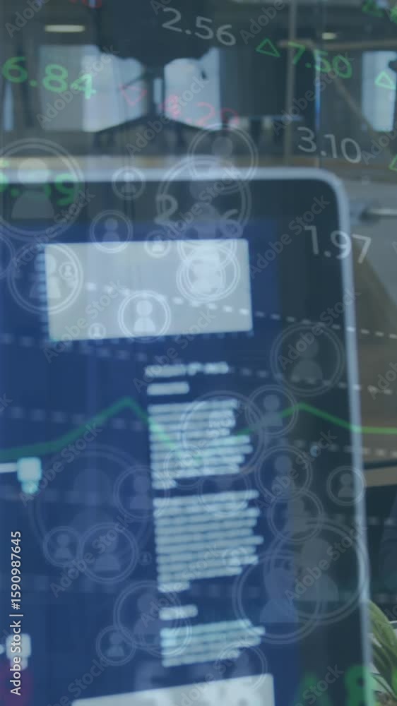 Poster animation of stock market data processing against woman using a computer at office