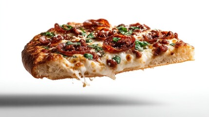 Delicious pepperoni pizza slice with melted cheese and herbs.