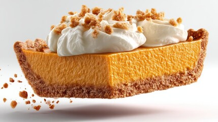 Delicious pumpkin pie slice with whipped cream and crumble.