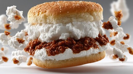 Burger with popcorn, close-up, food photography, delicious