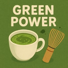 A cup of matcha tea with the words green power promotes healthy living and natural energy