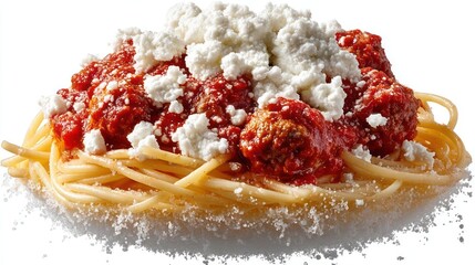 Spaghetti with meatballs and cheese, isolated on white background.