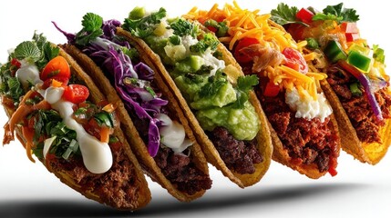 Colorful tacos with various toppings, a vibrant and delicious display.