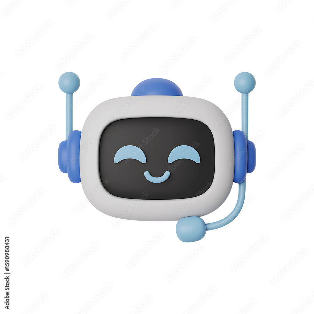 Poster a friendly cartoon robot with headset and smiling face, representing artificial intelligence, chatbo