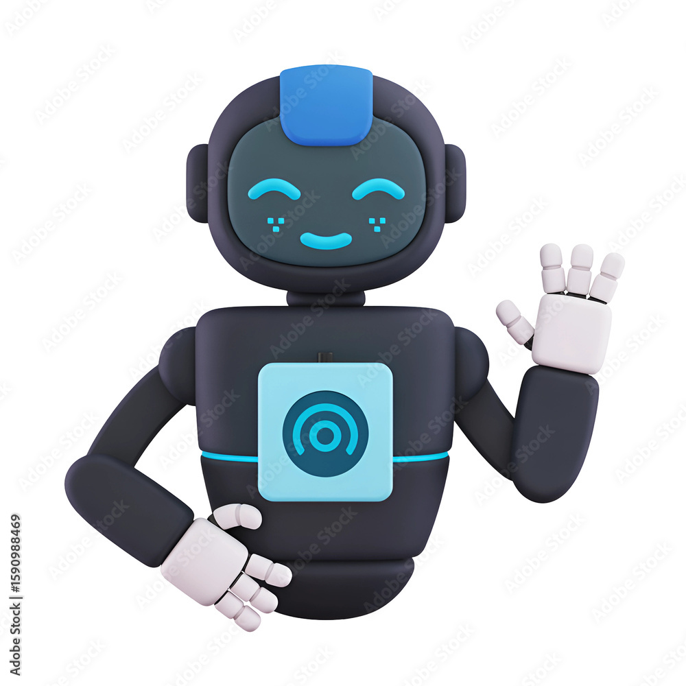 Poster friendly robot waving with a cheerful digital face, perfect for technology, automation and artificia