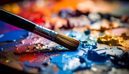 Fototapeta premium Closeup Vibrant Oil Paint Palette with Brush