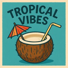 A coconut drink with an umbrella and straw evokes tropical vibes and a summer vacation feeling