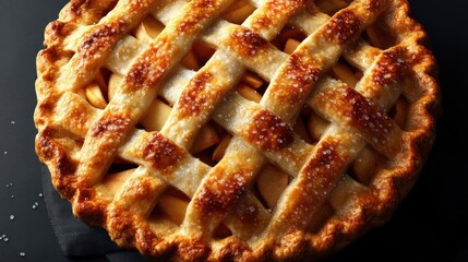 Golden apple pie with lattice crust, delicious dessert.