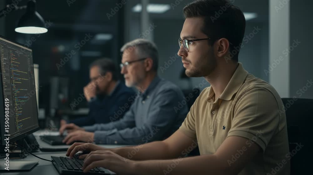 Poster a young programmer intently focuses on lines of code displayed on a computer screen in a dimly lit o