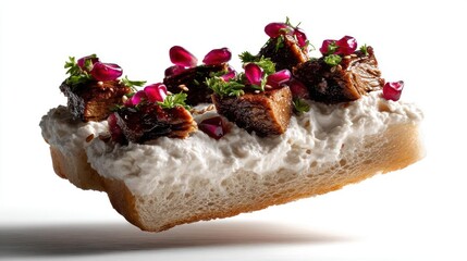 Pork crostini with pomegranate and herbs.