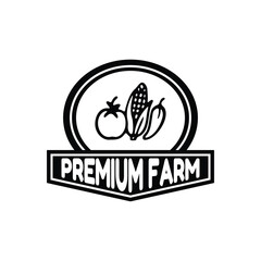 A monochrome emblem signifying farm-fresh produce. The design features a tomato, corn, and chili pepper, encased within a circular frame and a bold banner reading Premium Farm.