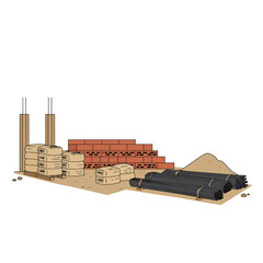 Illustration of construction site materials including cement bags, bricks, pipes, and sand, depicting development and infrastructure projects in a simple, clean style.