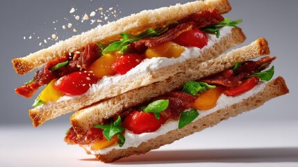 Delicious bacon and tomato sandwich, perfectly stacked and appetizing.