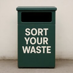 A green metal trash bin with a clear message to sort your waste, promoting environmental awareness and responsible waste management in a public space
