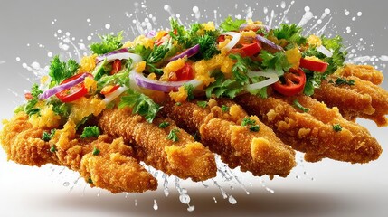 Crispy fried chicken with fresh herbs and red onions.